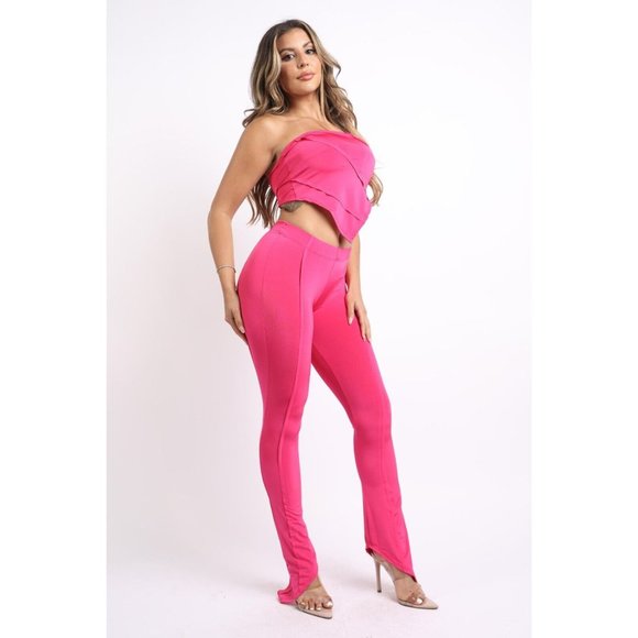 Women's Handkerchief Tube Top and Matching Asymmetrical Hem Pants Pink XS-3X - Picture 10 of 12